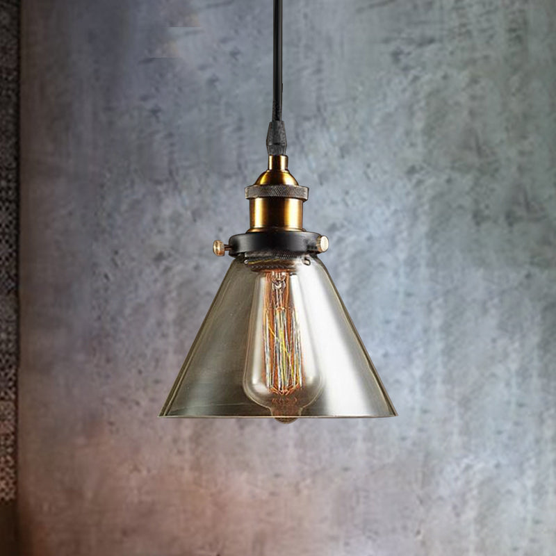 1-Light Cone Pendant Lighting Fixture Industrial Brass Smoked Glass Hanging Ceiling Light Clearhalo 'Ceiling Lights' 'Glass shade' 'Glass' 'Industrial Pendants' 'Industrial' 'Middle Century Pendants' 'Pendant Lights' 'Pendants' 'Tiffany' Lighting' 773336