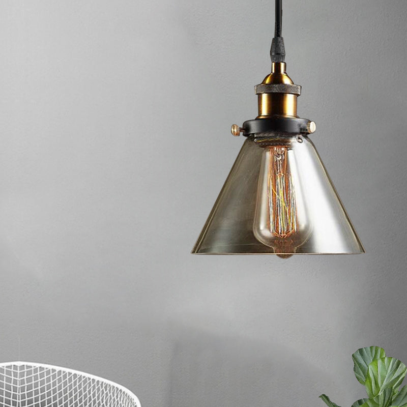 1-Light Cone Pendant Lighting Fixture Industrial Brass Smoked Glass Hanging Ceiling Light Clearhalo 'Ceiling Lights' 'Glass shade' 'Glass' 'Industrial Pendants' 'Industrial' 'Middle Century Pendants' 'Pendant Lights' 'Pendants' 'Tiffany' Lighting' 773337