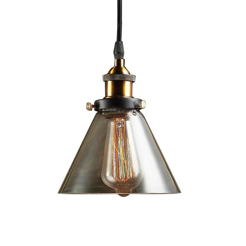 1-Light Cone Pendant Lighting Fixture Industrial Brass Smoked Glass Hanging Ceiling Light Clearhalo 'Ceiling Lights' 'Glass shade' 'Glass' 'Industrial Pendants' 'Industrial' 'Middle Century Pendants' 'Pendant Lights' 'Pendants' 'Tiffany' Lighting' 773338