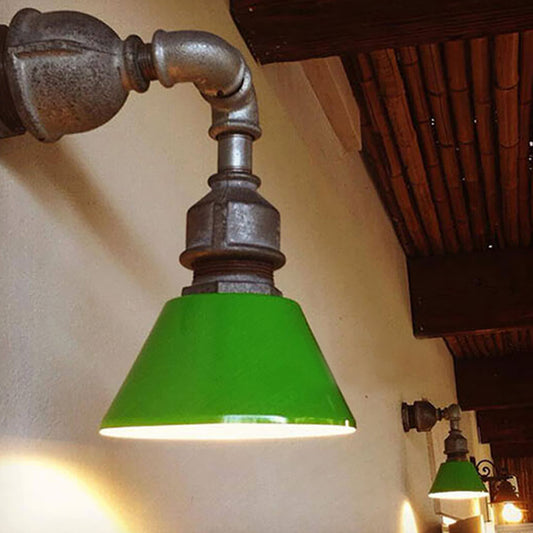 Tapered Metal Wall Sconce Light Industrial Style 1 Light Porch Wall Mount Lamp with Pipe Design in Bronze/Green Green Clearhalo 'Art deco wall lights' 'Cast Iron' 'Glass' 'Industrial wall lights' 'Industrial' 'Middle century wall lights' 'Modern' 'Rustic wall lights' 'Tiffany' 'Traditional wall lights' 'Wall Lamps & Sconces' 'Wall Lights' Lighting' 773377