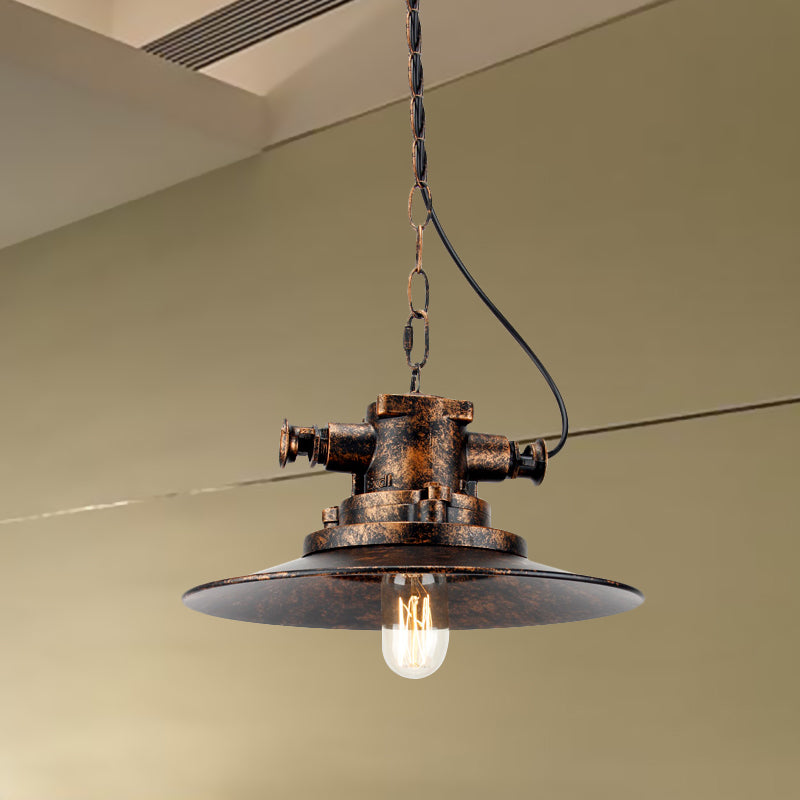 Flat Shade Wrought Iron Hanging Lamp Farmhouse 1 Light Restaurant Pendant Light in Antique Bronze Antique Bronze Clearhalo 'Art Deco Pendants' 'Cast Iron' 'Ceiling Lights' 'Ceramic' 'Crystal' 'Industrial Pendants' 'Industrial' 'Metal' 'Middle Century Pendants' 'Pendant Lights' 'Pendants' 'Tiffany' Lighting' 773553