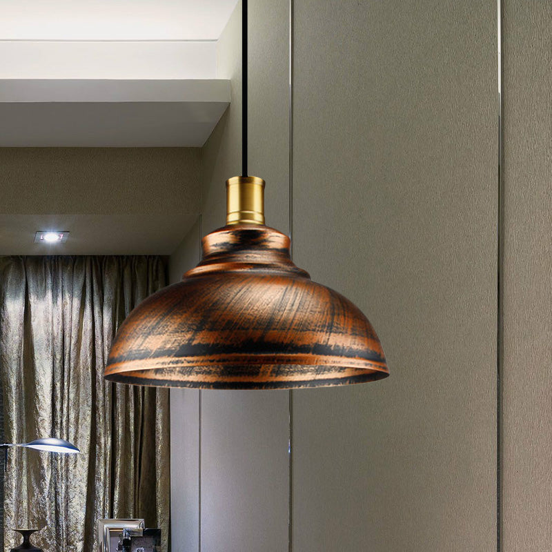 Wrought Iron Dome Suspended Lamp Antique Style 12"/14" W 1 Head Restaurant Hanging Light in Silver/Bronze/Rust Clearhalo 'Art Deco Pendants' 'Cast Iron' 'Ceiling Lights' 'Ceramic' 'Crystal' 'Industrial Pendants' 'Industrial' 'Metal' 'Middle Century Pendants' 'Pendant Lights' 'Pendants' 'Tiffany' Lighting' 773567