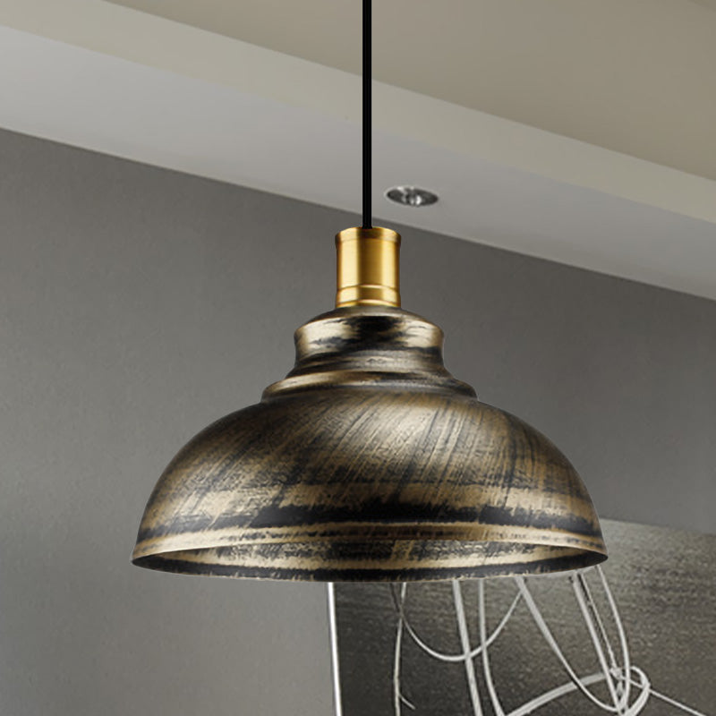Wrought Iron Dome Suspended Lamp Antique Style 12"/14" W 1 Head Restaurant Hanging Light in Silver/Bronze/Rust Bronze Clearhalo 'Art Deco Pendants' 'Cast Iron' 'Ceiling Lights' 'Ceramic' 'Crystal' 'Industrial Pendants' 'Industrial' 'Metal' 'Middle Century Pendants' 'Pendant Lights' 'Pendants' 'Tiffany' Lighting' 773572
