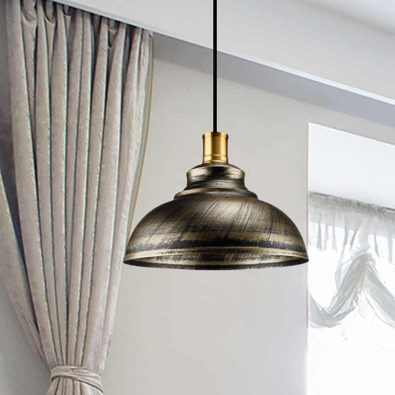 Wrought Iron Dome Suspended Lamp Antique Style 12"/14" W 1 Head Restaurant Hanging Light in Silver/Bronze/Rust Clearhalo 'Art Deco Pendants' 'Cast Iron' 'Ceiling Lights' 'Ceramic' 'Crystal' 'Industrial Pendants' 'Industrial' 'Metal' 'Middle Century Pendants' 'Pendant Lights' 'Pendants' 'Tiffany' Lighting' 773574