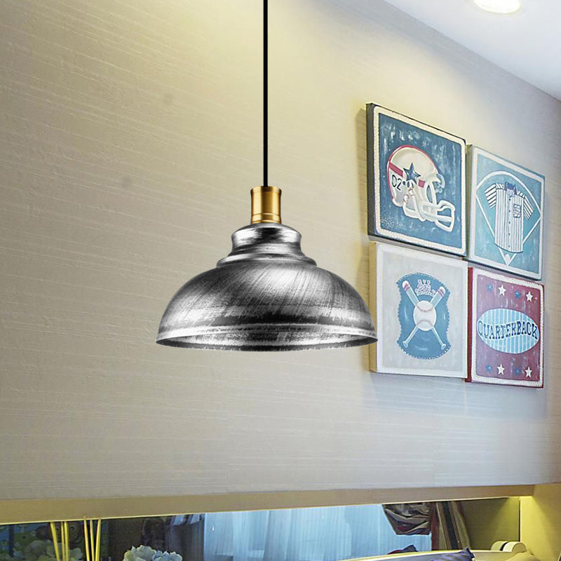 Wrought Iron Dome Suspended Lamp Antique Style 12"/14" W 1 Head Restaurant Hanging Light in Silver/Bronze/Rust Clearhalo 'Art Deco Pendants' 'Cast Iron' 'Ceiling Lights' 'Ceramic' 'Crystal' 'Industrial Pendants' 'Industrial' 'Metal' 'Middle Century Pendants' 'Pendant Lights' 'Pendants' 'Tiffany' Lighting' 773577