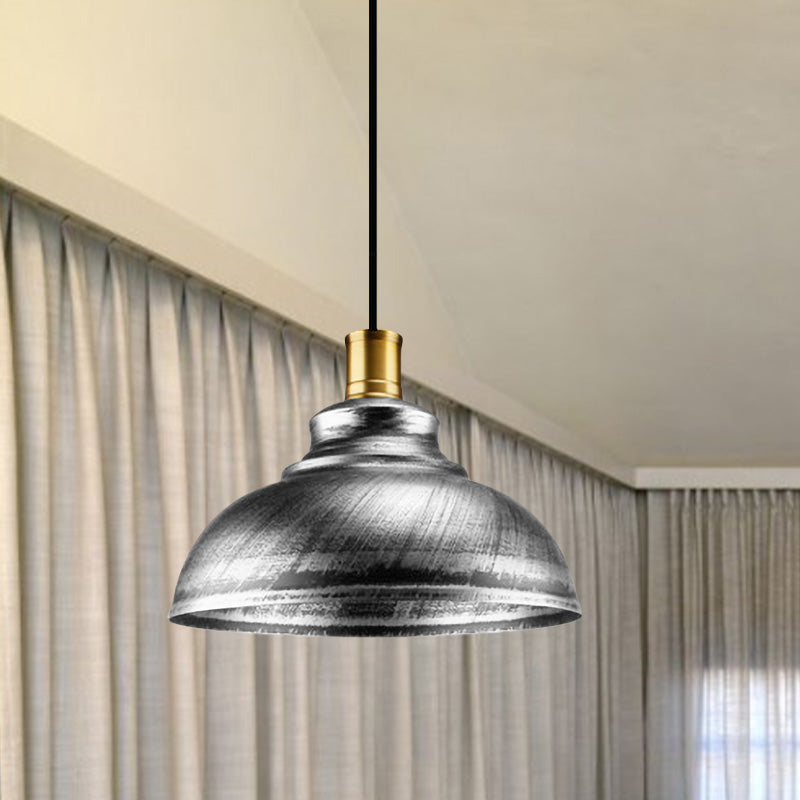 Wrought Iron Dome Suspended Lamp Antique Style 12"/14" W 1 Head Restaurant Hanging Light in Silver/Bronze/Rust Clearhalo 'Art Deco Pendants' 'Cast Iron' 'Ceiling Lights' 'Ceramic' 'Crystal' 'Industrial Pendants' 'Industrial' 'Metal' 'Middle Century Pendants' 'Pendant Lights' 'Pendants' 'Tiffany' Lighting' 773578