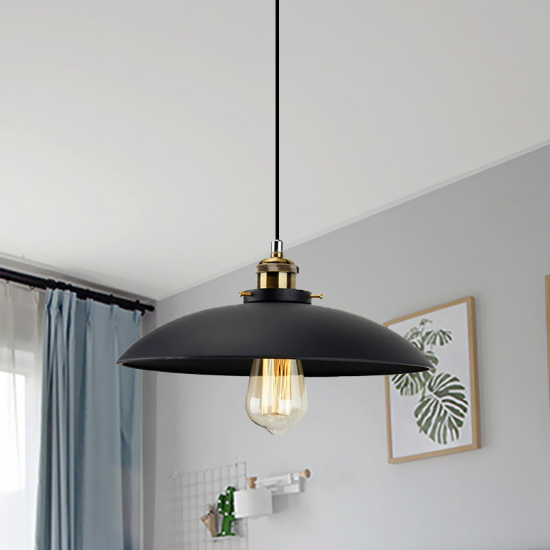 Black Saucer Shade Pendant Lighting Industrial Metallic 1 Light Dining Table Hanging Lamp, 12.5"/16" Width Black Clearhalo 'Art Deco Pendants' 'Black' 'Cast Iron' 'Ceiling Lights' 'Ceramic' 'Crystal' 'Industrial Pendants' 'Industrial' 'Metal' 'Middle Century Pendants' 'Pendant Lights' 'Pendants' 'Rustic Pendants' 'Tiffany' Lighting' 773663