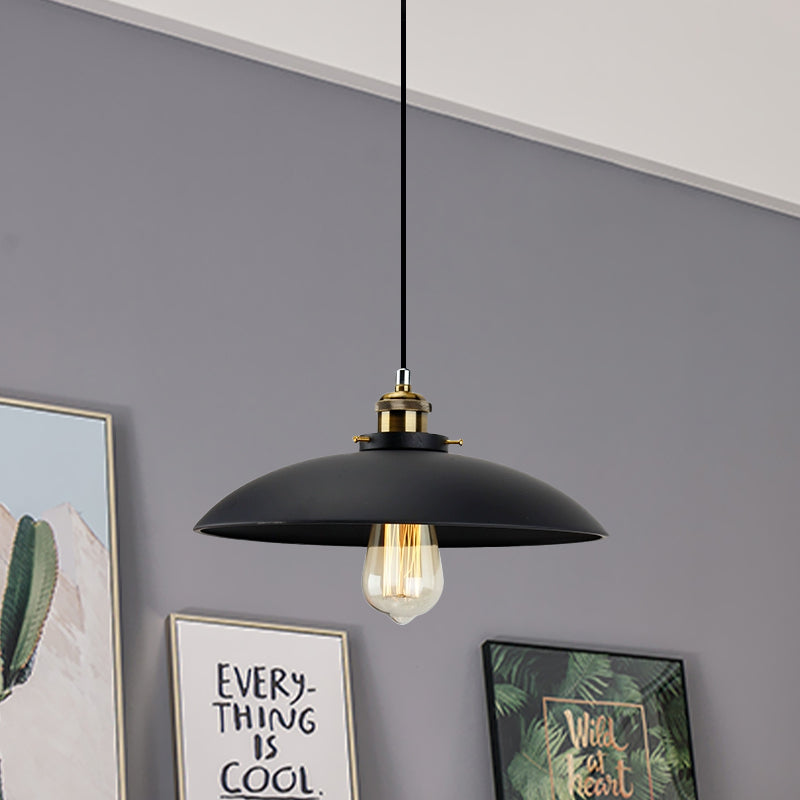 Black Saucer Shade Pendant Lighting Industrial Metallic 1 Light Dining Table Hanging Lamp, 12.5"/16" Width Clearhalo 'Art Deco Pendants' 'Black' 'Cast Iron' 'Ceiling Lights' 'Ceramic' 'Crystal' 'Industrial Pendants' 'Industrial' 'Metal' 'Middle Century Pendants' 'Pendant Lights' 'Pendants' 'Rustic Pendants' 'Tiffany' Lighting' 773665