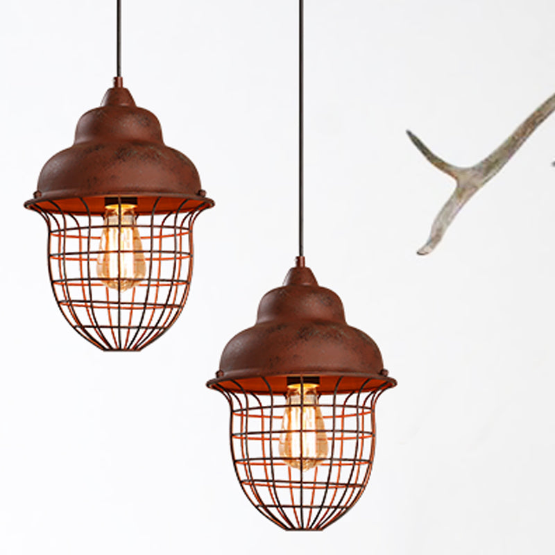 1 Bulb Double Bubble Pendant Lighting with Urn Cage Shade Antique Style Rust Iron Hanging Lamp Rust Clearhalo 'Art Deco Pendants' 'Cast Iron' 'Ceiling Lights' 'Ceramic' 'Crystal' 'Industrial Pendants' 'Industrial' 'Metal' 'Middle Century Pendants' 'Pendant Lights' 'Tiffany' Lighting' 773669