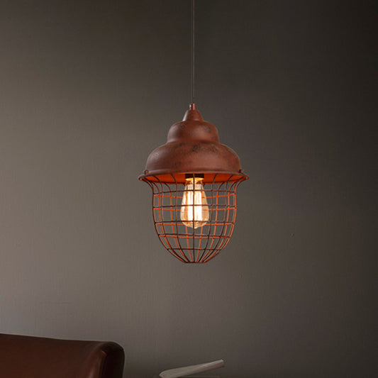 1 Bulb Double Bubble Pendant Lighting with Urn Cage Shade Antique Style Rust Iron Hanging Lamp Clearhalo 'Art Deco Pendants' 'Cast Iron' 'Ceiling Lights' 'Ceramic' 'Crystal' 'Industrial Pendants' 'Industrial' 'Metal' 'Middle Century Pendants' 'Pendant Lights' 'Tiffany' Lighting' 773671