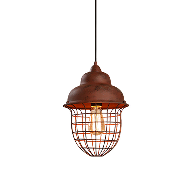 1 Bulb Double Bubble Pendant Lighting with Urn Cage Shade Antique Style Rust Iron Hanging Lamp Clearhalo 'Art Deco Pendants' 'Cast Iron' 'Ceiling Lights' 'Ceramic' 'Crystal' 'Industrial Pendants' 'Industrial' 'Metal' 'Middle Century Pendants' 'Pendant Lights' 'Tiffany' Lighting' 773672
