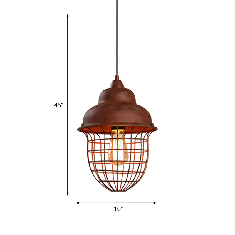 1 Bulb Double Bubble Pendant Lighting with Urn Cage Shade Antique Style Rust Iron Hanging Lamp Clearhalo 'Art Deco Pendants' 'Cast Iron' 'Ceiling Lights' 'Ceramic' 'Crystal' 'Industrial Pendants' 'Industrial' 'Metal' 'Middle Century Pendants' 'Pendant Lights' 'Tiffany' Lighting' 773673