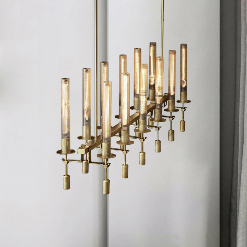 Black/Brass/Nickle Tube Island Chandelier Post Modern Multi Lights Fluted Glass Led Hanging Lamp Fixture with Linear Design Clearhalo 'Ceiling Lights' 'Glass shade' 'Glass' 'Island Lights' Lighting' 773929