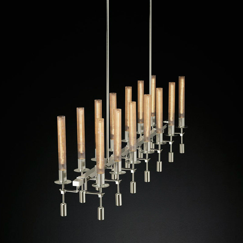 Black/Brass/Nickle Tube Island Chandelier Post Modern Multi Lights Fluted Glass Led Hanging Lamp Fixture with Linear Design Clearhalo 'Ceiling Lights' 'Glass shade' 'Glass' 'Island Lights' Lighting' 773935