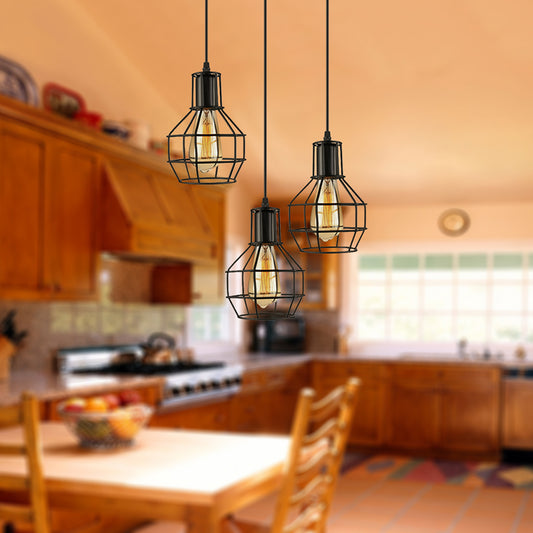 3/7 Heads Hanging Lamp Vintage Global Cage Shade Metallic Pendant Lighting with Round Canopy in Black 3 Black Clearhalo 'Art Deco Pendants' 'Black' 'Cast Iron' 'Ceiling Lights' 'Ceramic' 'Crystal' 'Industrial Pendants' 'Industrial' 'Metal' 'Middle Century Pendants' 'Pendant Lights' 'Pendants' 'Rustic Pendants' 'Tiffany' Lighting' 7742