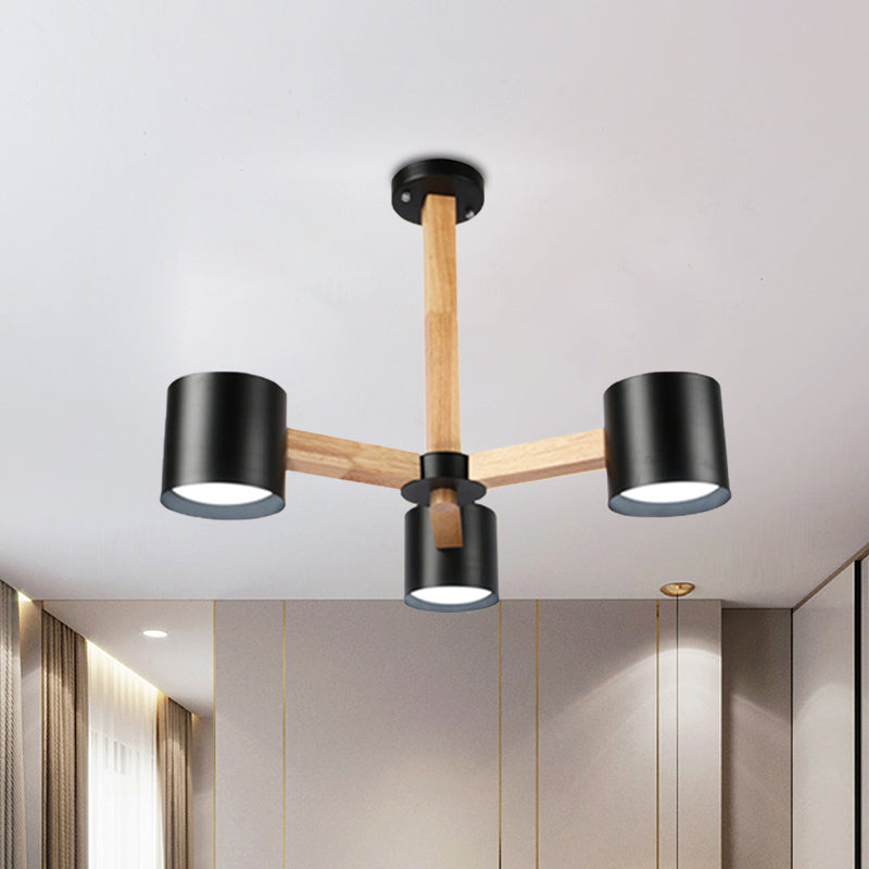 Study Room Drum Shade Chandelier Wood & Iron Nordic Style Pendant Light in Black/White 3 Black Clearhalo 'Carpenter Chandeliers' 'Ceiling Lights' 'Chandeliers' 'Industrial' 'Modern Chandeliers' 'Modern' Lighting' 774339