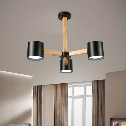 Study Room Drum Shade Chandelier Wood & Iron Nordic Style Pendant Light in Black/White Clearhalo 'Carpenter Chandeliers' 'Ceiling Lights' 'Chandeliers' 'Industrial' 'Modern Chandeliers' 'Modern' Lighting' 774340