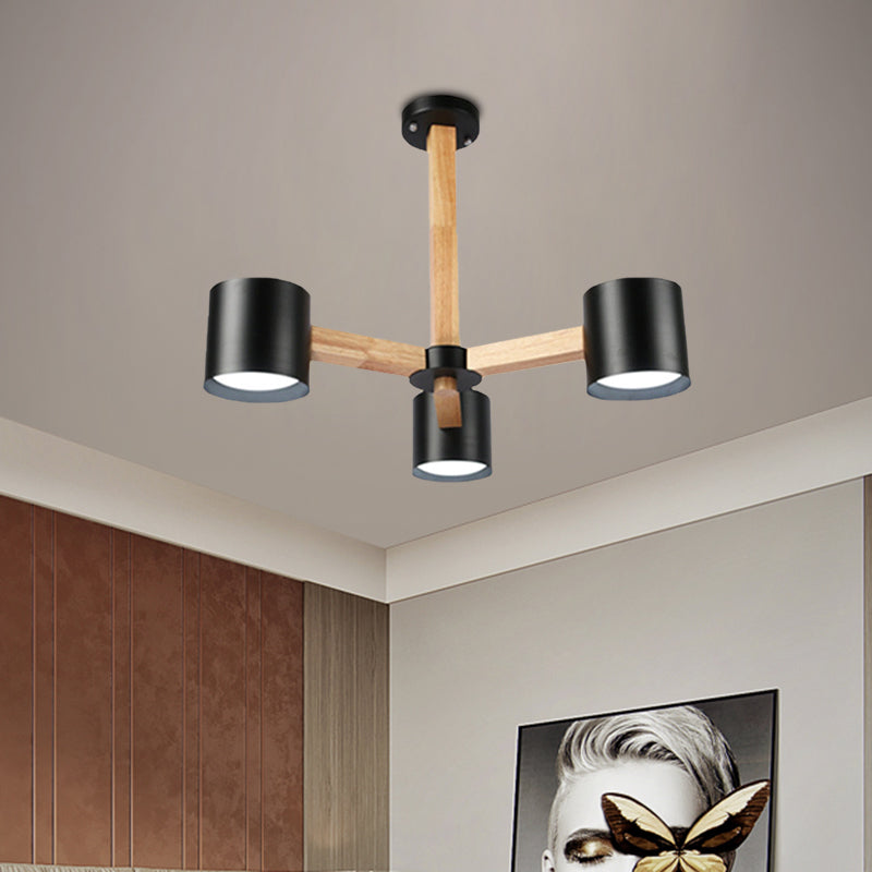 Study Room Drum Shade Chandelier Wood & Iron Nordic Style Pendant Light in Black/White Clearhalo 'Carpenter Chandeliers' 'Ceiling Lights' 'Chandeliers' 'Industrial' 'Modern Chandeliers' 'Modern' Lighting' 774341