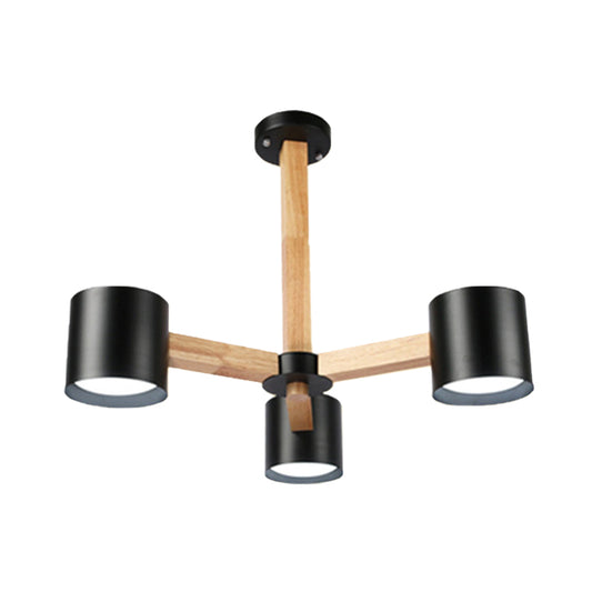 Study Room Drum Shade Chandelier Wood & Iron Nordic Style Pendant Light in Black/White Clearhalo 'Carpenter Chandeliers' 'Ceiling Lights' 'Chandeliers' 'Industrial' 'Modern Chandeliers' 'Modern' Lighting' 774342