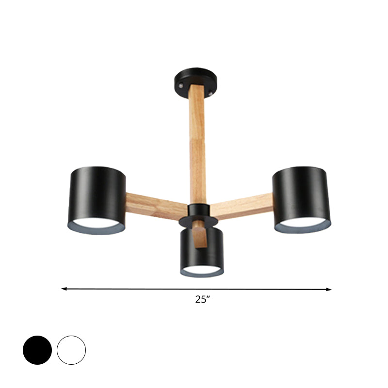 Study Room Drum Shade Chandelier Wood & Iron Nordic Style Pendant Light in Black/White Clearhalo 'Carpenter Chandeliers' 'Ceiling Lights' 'Chandeliers' 'Industrial' 'Modern Chandeliers' 'Modern' Lighting' 774343