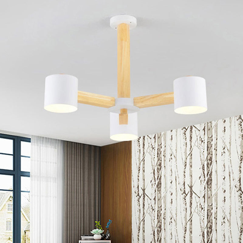 Study Room Drum Shade Chandelier Wood & Iron Nordic Style Pendant Light in Black/White 3 White Clearhalo 'Carpenter Chandeliers' 'Ceiling Lights' 'Chandeliers' 'Industrial' 'Modern Chandeliers' 'Modern' Lighting' 774344
