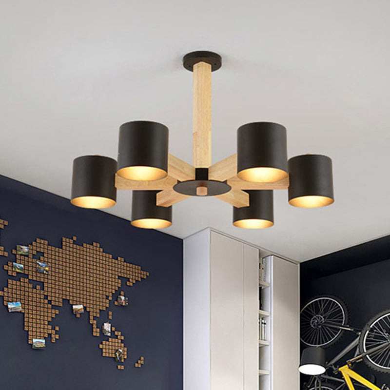 Study Room Drum Shade Chandelier Wood & Iron Nordic Style Pendant Light in Black/White 6 Black Clearhalo 'Carpenter Chandeliers' 'Ceiling Lights' 'Chandeliers' 'Industrial' 'Modern Chandeliers' 'Modern' Lighting' 774347