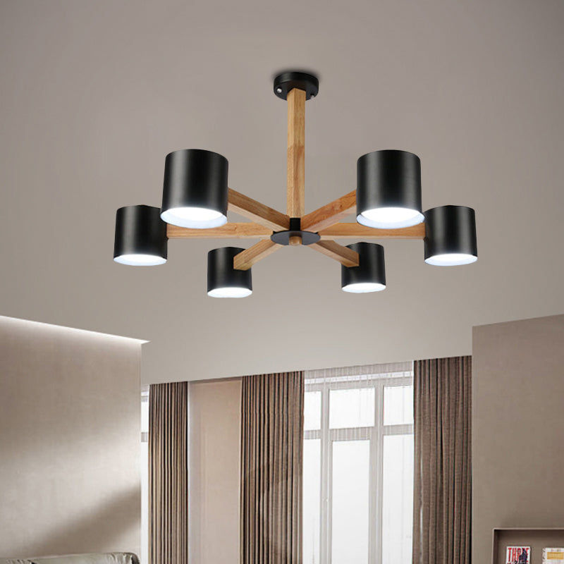 Study Room Drum Shade Chandelier Wood & Iron Nordic Style Pendant Light in Black/White Clearhalo 'Carpenter Chandeliers' 'Ceiling Lights' 'Chandeliers' 'Industrial' 'Modern Chandeliers' 'Modern' Lighting' 774348