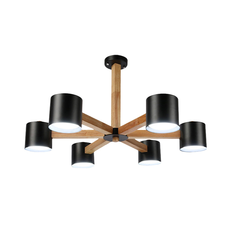 Study Room Drum Shade Chandelier Wood & Iron Nordic Style Pendant Light in Black/White Clearhalo 'Carpenter Chandeliers' 'Ceiling Lights' 'Chandeliers' 'Industrial' 'Modern Chandeliers' 'Modern' Lighting' 774349