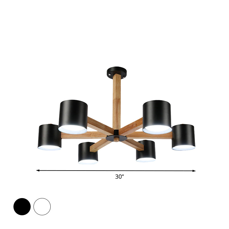 Study Room Drum Shade Chandelier Wood & Iron Nordic Style Pendant Light in Black/White Clearhalo 'Carpenter Chandeliers' 'Ceiling Lights' 'Chandeliers' 'Industrial' 'Modern Chandeliers' 'Modern' Lighting' 774350