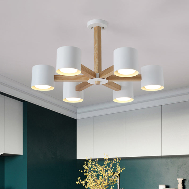 Study Room Drum Shade Chandelier Wood & Iron Nordic Style Pendant Light in Black/White 6 White Clearhalo 'Carpenter Chandeliers' 'Ceiling Lights' 'Chandeliers' 'Industrial' 'Modern Chandeliers' 'Modern' Lighting' 774351