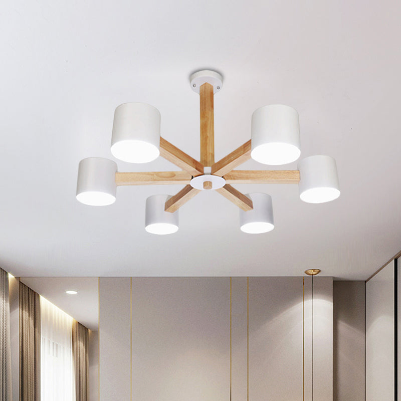 Study Room Drum Shade Chandelier Wood & Iron Nordic Style Pendant Light in Black/White Clearhalo 'Carpenter Chandeliers' 'Ceiling Lights' 'Chandeliers' 'Industrial' 'Modern Chandeliers' 'Modern' Lighting' 774352