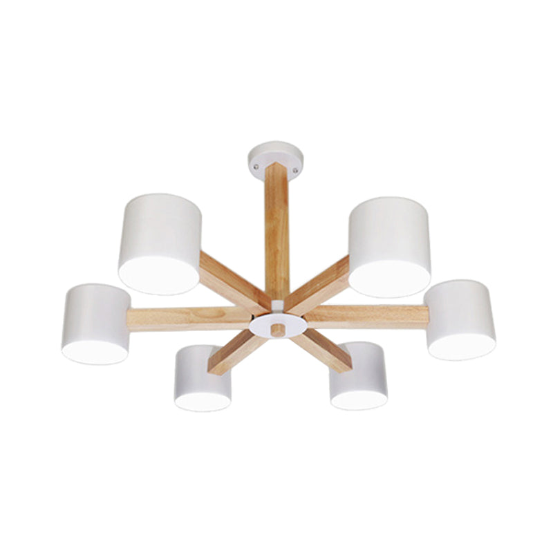 Study Room Drum Shade Chandelier Wood & Iron Nordic Style Pendant Light in Black/White Clearhalo 'Carpenter Chandeliers' 'Ceiling Lights' 'Chandeliers' 'Industrial' 'Modern Chandeliers' 'Modern' Lighting' 774353