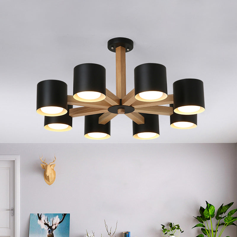 Study Room Drum Shade Chandelier Wood & Iron Nordic Style Pendant Light in Black/White 8 Black Clearhalo 'Carpenter Chandeliers' 'Ceiling Lights' 'Chandeliers' 'Industrial' 'Modern Chandeliers' 'Modern' Lighting' 774354