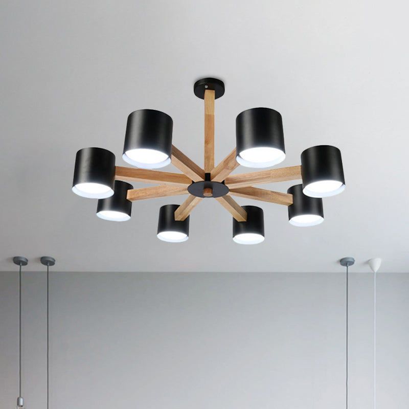 Study Room Drum Shade Chandelier Wood & Iron Nordic Style Pendant Light in Black/White Clearhalo 'Carpenter Chandeliers' 'Ceiling Lights' 'Chandeliers' 'Industrial' 'Modern Chandeliers' 'Modern' Lighting' 774355