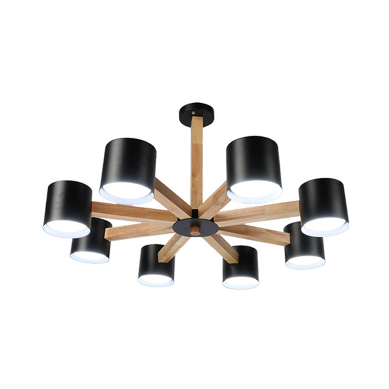 Study Room Drum Shade Chandelier Wood & Iron Nordic Style Pendant Light in Black/White Clearhalo 'Carpenter Chandeliers' 'Ceiling Lights' 'Chandeliers' 'Industrial' 'Modern Chandeliers' 'Modern' Lighting' 774356