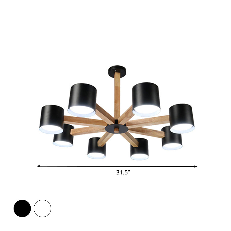 Study Room Drum Shade Chandelier Wood & Iron Nordic Style Pendant Light in Black/White Clearhalo 'Carpenter Chandeliers' 'Ceiling Lights' 'Chandeliers' 'Industrial' 'Modern Chandeliers' 'Modern' Lighting' 774357