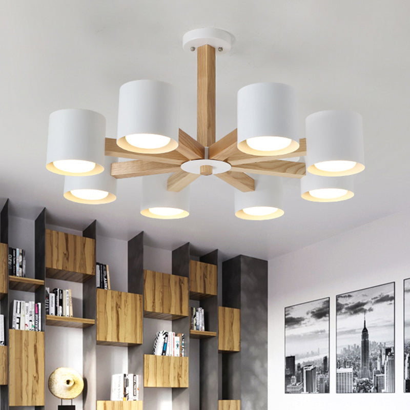 Study Room Drum Shade Chandelier Wood & Iron Nordic Style Pendant Light in Black/White 8 White Clearhalo 'Carpenter Chandeliers' 'Ceiling Lights' 'Chandeliers' 'Industrial' 'Modern Chandeliers' 'Modern' Lighting' 774358