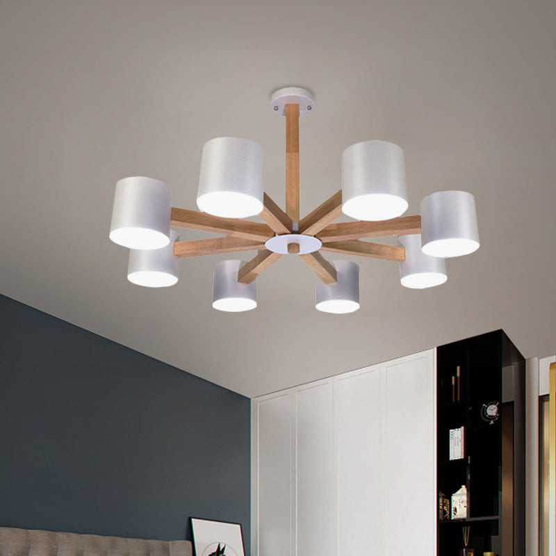 Study Room Drum Shade Chandelier Wood & Iron Nordic Style Pendant Light in Black/White Clearhalo 'Carpenter Chandeliers' 'Ceiling Lights' 'Chandeliers' 'Industrial' 'Modern Chandeliers' 'Modern' Lighting' 774359