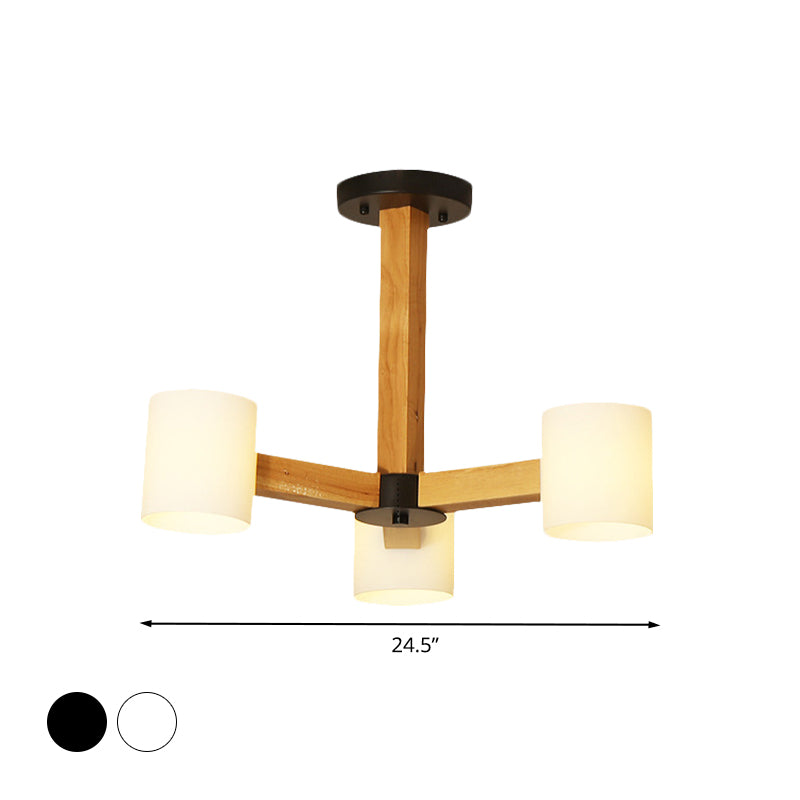White Cylindrical Shade Pendant Lighting Japanese Stylish Glass & Wood Chandelier for Bedroom Clearhalo 'Carpenter Chandeliers' 'Ceiling Lights' 'Chandeliers' 'Industrial' 'Modern Chandeliers' 'Modern' Lighting' 774442