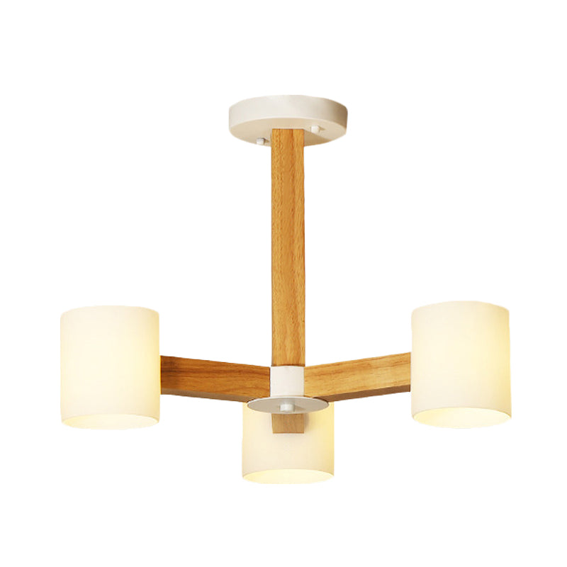 White Cylindrical Shade Pendant Lighting Japanese Stylish Glass & Wood Chandelier for Bedroom Clearhalo 'Carpenter Chandeliers' 'Ceiling Lights' 'Chandeliers' 'Industrial' 'Modern Chandeliers' 'Modern' Lighting' 774445