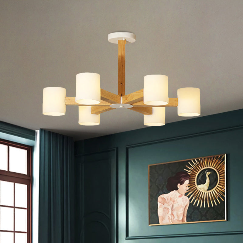 White Cylindrical Shade Pendant Lighting Japanese Stylish Glass & Wood Chandelier for Bedroom Clearhalo 'Carpenter Chandeliers' 'Ceiling Lights' 'Chandeliers' 'Industrial' 'Modern Chandeliers' 'Modern' Lighting' 774451