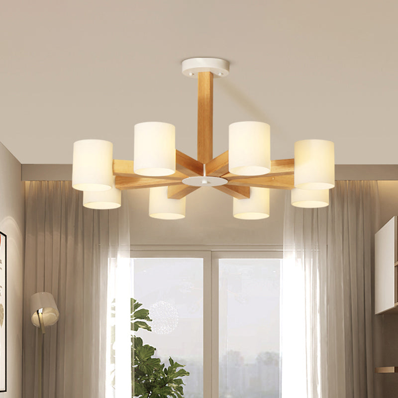 White Cylindrical Shade Pendant Lighting Japanese Stylish Glass & Wood Chandelier for Bedroom Clearhalo 'Carpenter Chandeliers' 'Ceiling Lights' 'Chandeliers' 'Industrial' 'Modern Chandeliers' 'Modern' Lighting' 774458