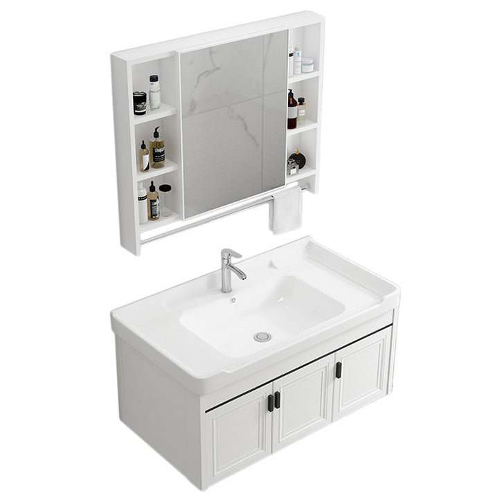 Wall Mount Modern White Bathroom Sink Vanity with Doors Sink Vanity & Faucet & Mirror Cabinet 39"L x 19"W x 19"H Towel Bar Included Clearhalo 'Bathroom Remodel & Bathroom Fixtures' 'Bathroom Vanities' 'bathroom_vanities' 'Home Improvement' 'home_improvement' 'home_improvement_bathroom_vanities' 7755047