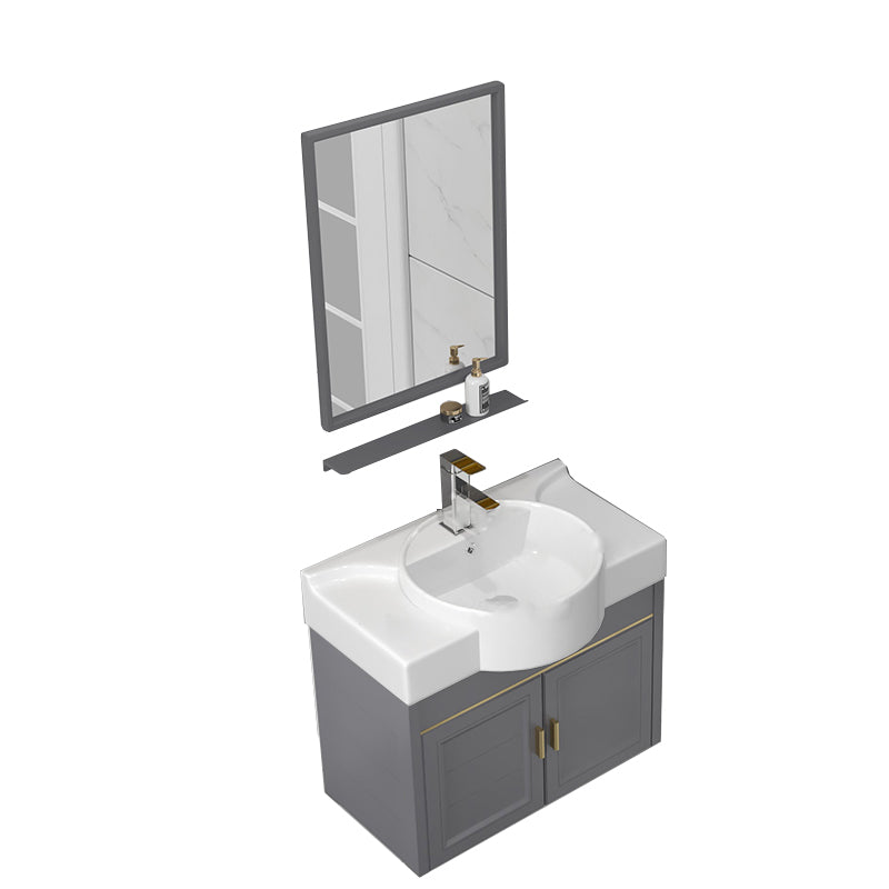 Wall Mount Glam Bathroom Vanity Metal Frame Single-Sink Gray Vanity Set Vanity & Faucet & Mirrors 26"L x 13"W x 20"H Gray Clearhalo 'Bathroom Remodel & Bathroom Fixtures' 'Bathroom Vanities' 'bathroom_vanities' 'Home Improvement' 'home_improvement' 'home_improvement_bathroom_vanities' 7755159