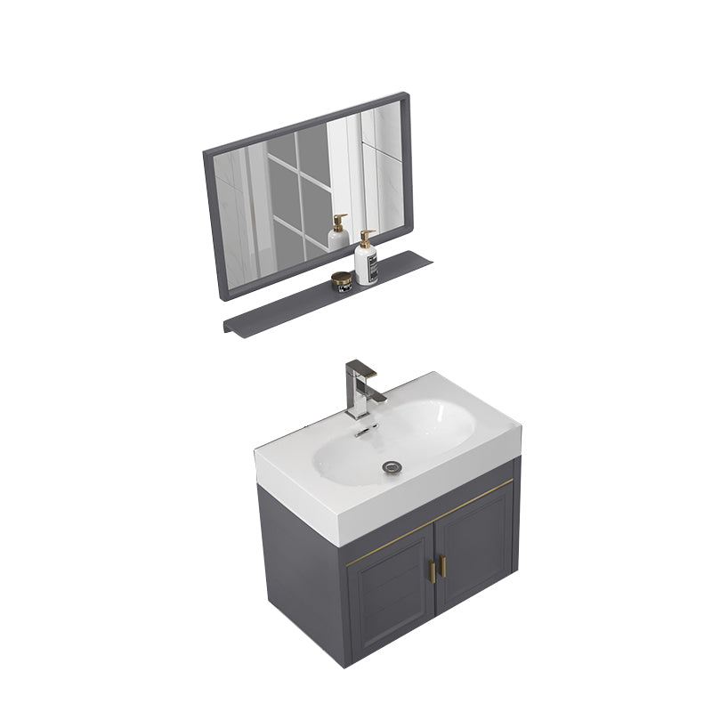 Wall Mount Glam Bathroom Vanity Metal Frame Single-Sink Gray Vanity Set Vanity & Faucet & Mirrors 28"L x 15"W x 19"H Gray Clearhalo 'Bathroom Remodel & Bathroom Fixtures' 'Bathroom Vanities' 'bathroom_vanities' 'Home Improvement' 'home_improvement' 'home_improvement_bathroom_vanities' 7755160