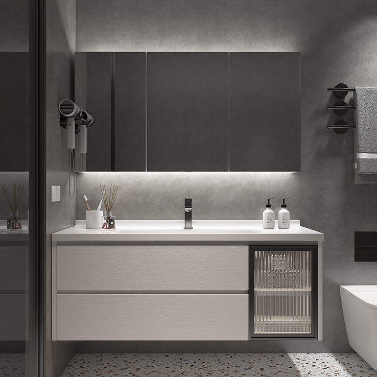 Wood Frame Vanity White Wall Mounted Mirror Single Sink Rectangular 2 Drawers Vanity Vanity & Faucet & Mirror Cabinet 44"L x 20"W x 19"H Clearhalo 'Bathroom Remodel & Bathroom Fixtures' 'Bathroom Vanities' 'bathroom_vanities' 'Home Improvement' 'home_improvement' 'home_improvement_bathroom_vanities' 7755199