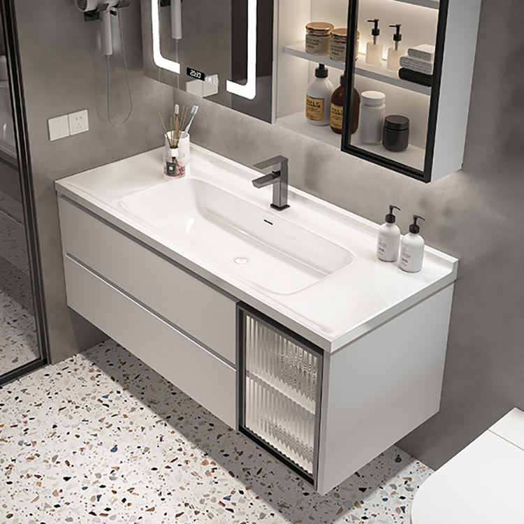 Wood Frame Vanity White Wall Mounted Mirror Single Sink Rectangular 2 Drawers Vanity Clearhalo 'Bathroom Remodel & Bathroom Fixtures' 'Bathroom Vanities' 'bathroom_vanities' 'Home Improvement' 'home_improvement' 'home_improvement_bathroom_vanities' 7755200