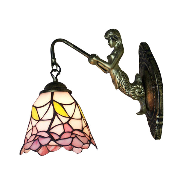 Flared Stained Glass Sconce Light Baroque 1 Head Black/Brass Wall Mounted Light Fixture Clearhalo 'Industrial' 'Middle century wall lights' 'Tiffany wall lights' 'Tiffany' 'Wall Lamps & Sconces' 'Wall Lights' Lighting' 7757