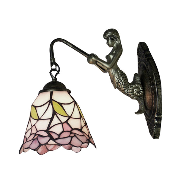 Flared Stained Glass Sconce Light Baroque 1 Head Black/Brass Wall Mounted Light Fixture Clearhalo 'Industrial' 'Middle century wall lights' 'Tiffany wall lights' 'Tiffany' 'Wall Lamps & Sconces' 'Wall Lights' Lighting' 7758