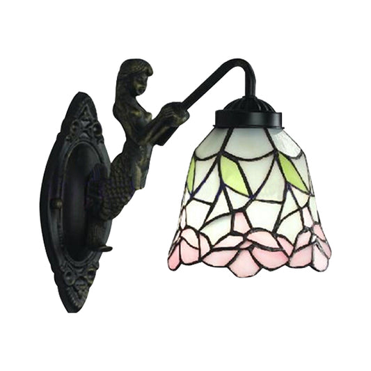 Flared Stained Glass Sconce Light Baroque 1 Head Black/Brass Wall Mounted Light Fixture Clearhalo 'Industrial' 'Middle century wall lights' 'Tiffany wall lights' 'Tiffany' 'Wall Lamps & Sconces' 'Wall Lights' Lighting' 7760